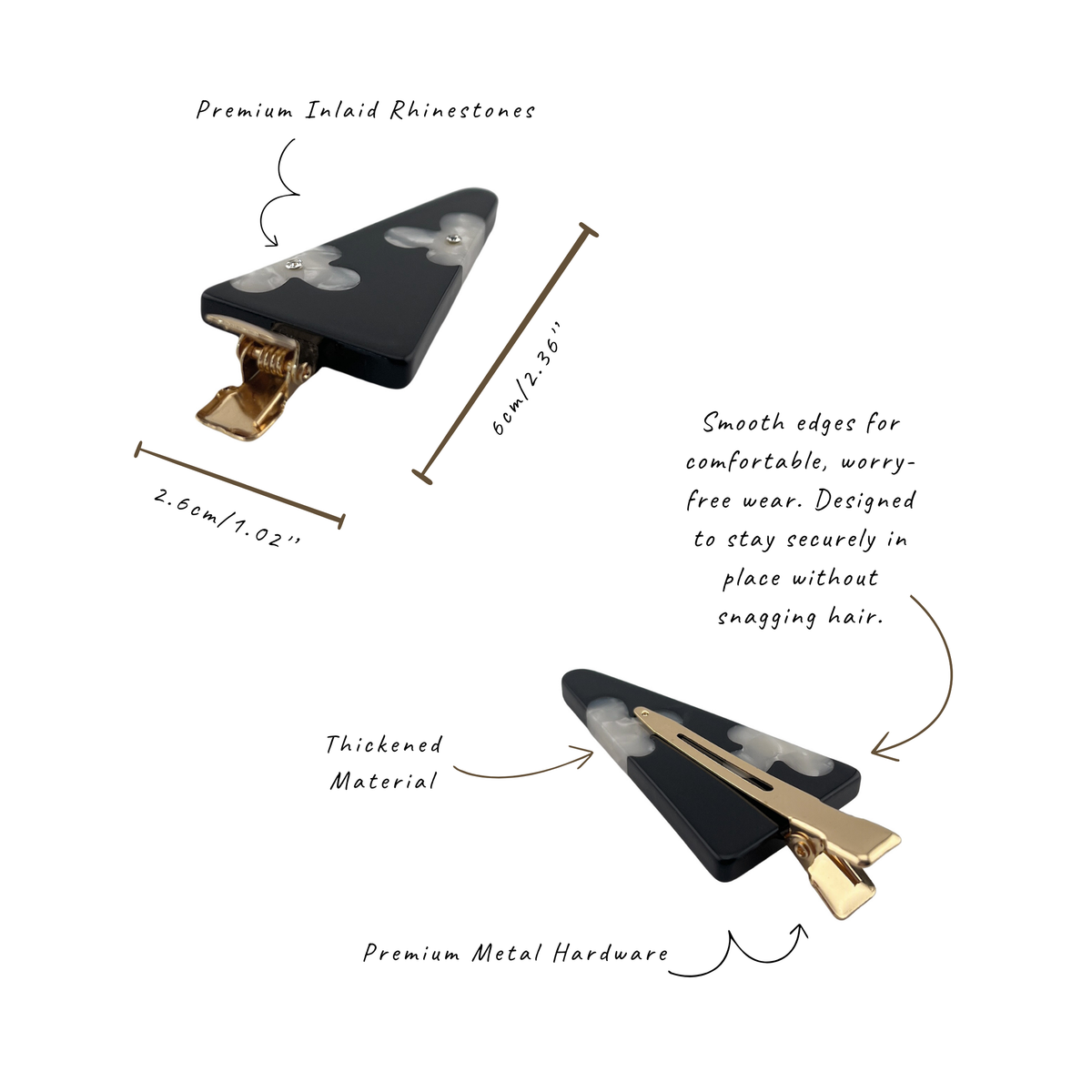 A black and white marbled hair clip with gold-tone metal hardware, shown from two angles with handwritten callouts describing premium inlay rhinestones, thickened material, and metal hardware.