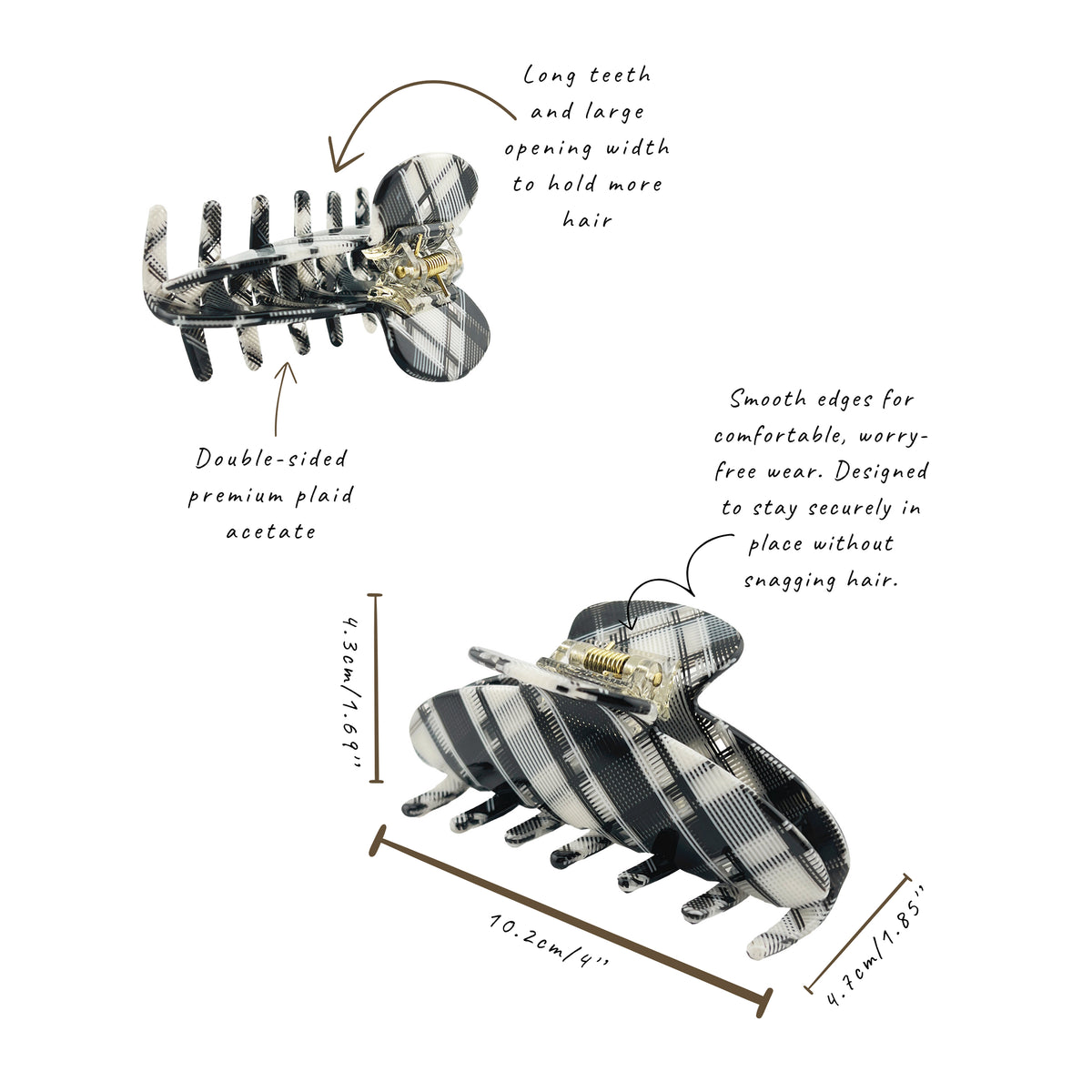 A black and white plaid hair claw clip shown on a white background with measurement annotations and descriptive text. The image highlights the long teeth, large opening width, double-sided premium plaid acetate, and smooth edges.