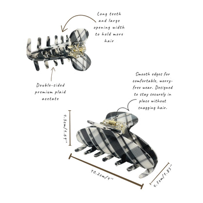 A black and white plaid hair claw clip shown on a white background with measurement annotations and descriptive text. The image highlights the long teeth, large opening width, double-sided premium plaid acetate, and smooth edges.