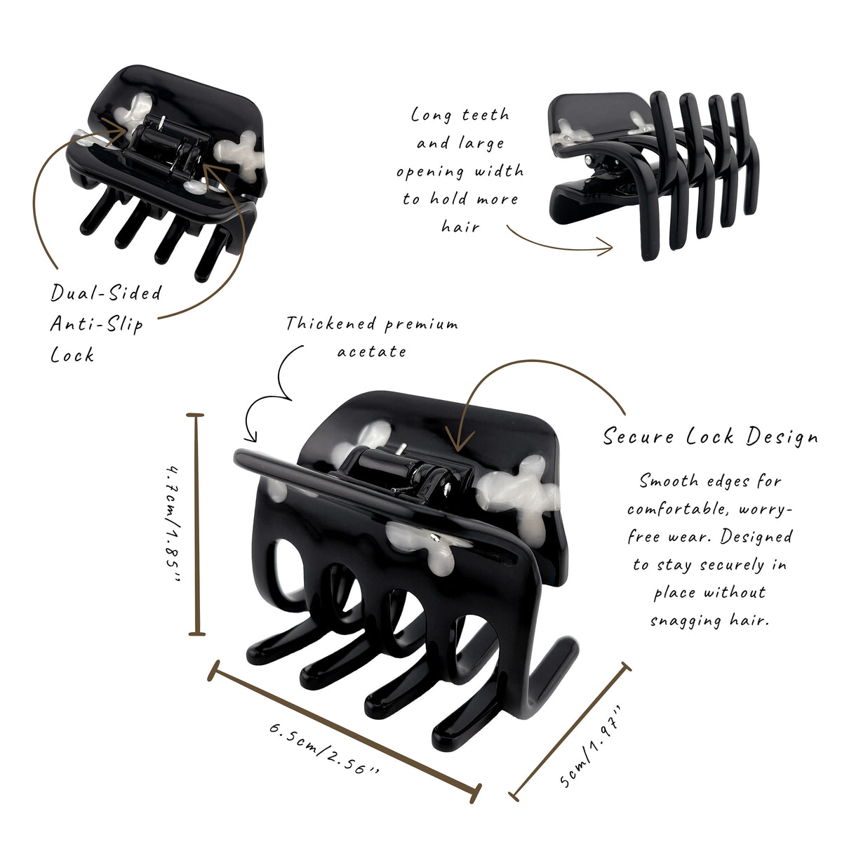 Black double-sided hair claw clip shown with dimension labels and callout text explaining its design features, on a white background.