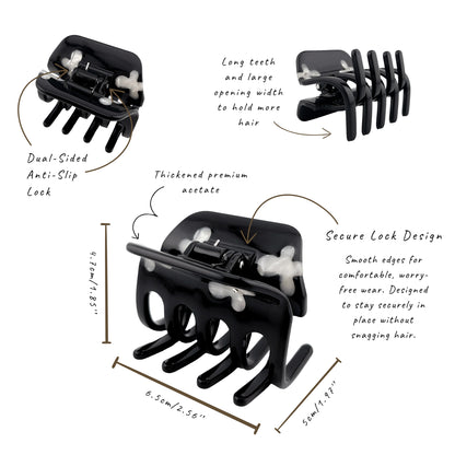 Black double-sided hair claw clip shown with dimension labels and callout text explaining its design features, on a white background.