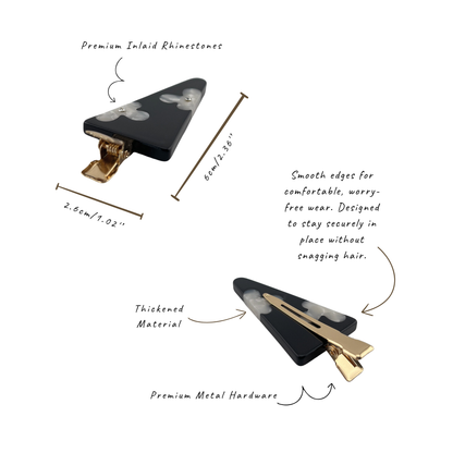 A black and white marbled hair clip with gold-tone metal hardware, shown from two angles with handwritten callouts describing premium inlay rhinestones, thickened material, and metal hardware.