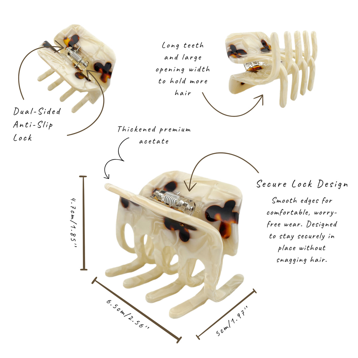 An ivory acetate claw hair clip shown with multiple labeled callouts and dimension arrows on a white background, explaining features such as anti-slip sides, long teeth, thickened premium acetate, and secure lock design.