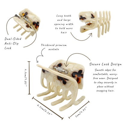An ivory acetate claw hair clip shown with multiple labeled callouts and dimension arrows on a white background, explaining features such as anti-slip sides, long teeth, thickened premium acetate, and secure lock design.