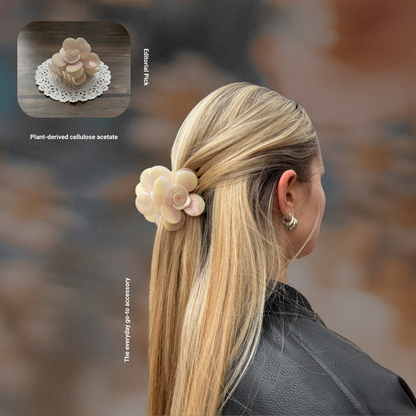 girl-in-yellow-pink-blossom-hair-claw-clip-halfup-hairstyle