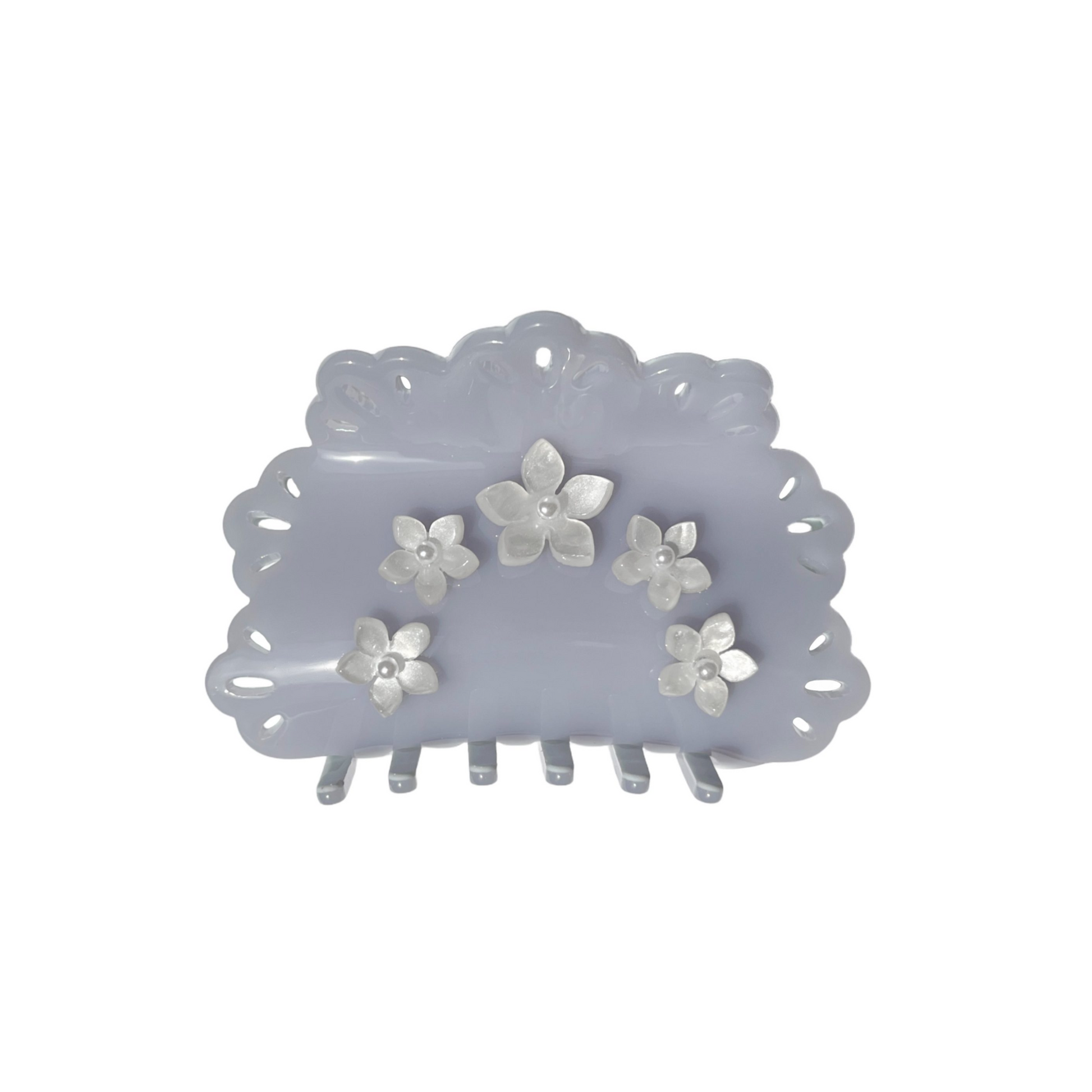 Lavendar gray hair claw clip with floral designs on a white background