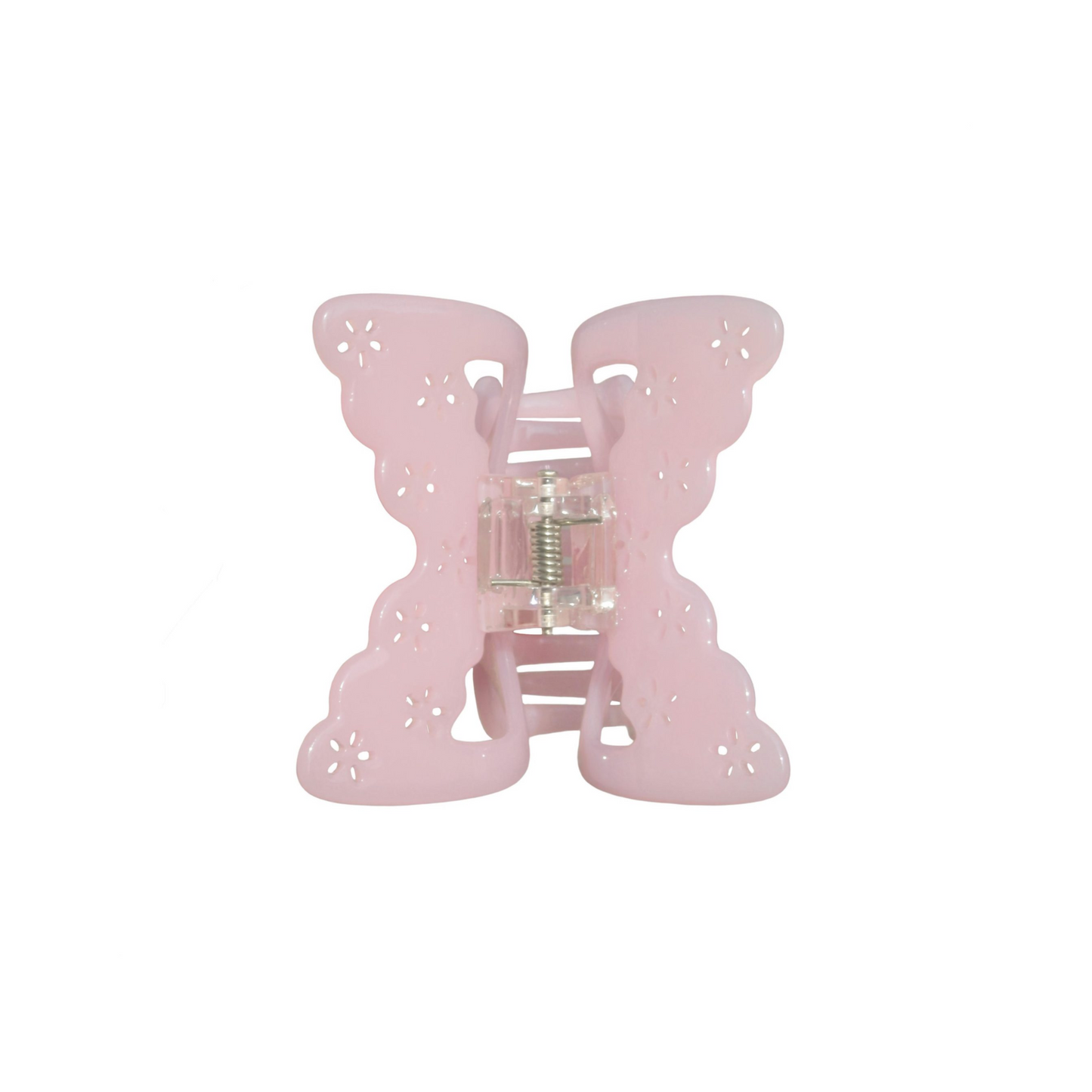 Pink butterfly-shaped hair claw clip on a white background