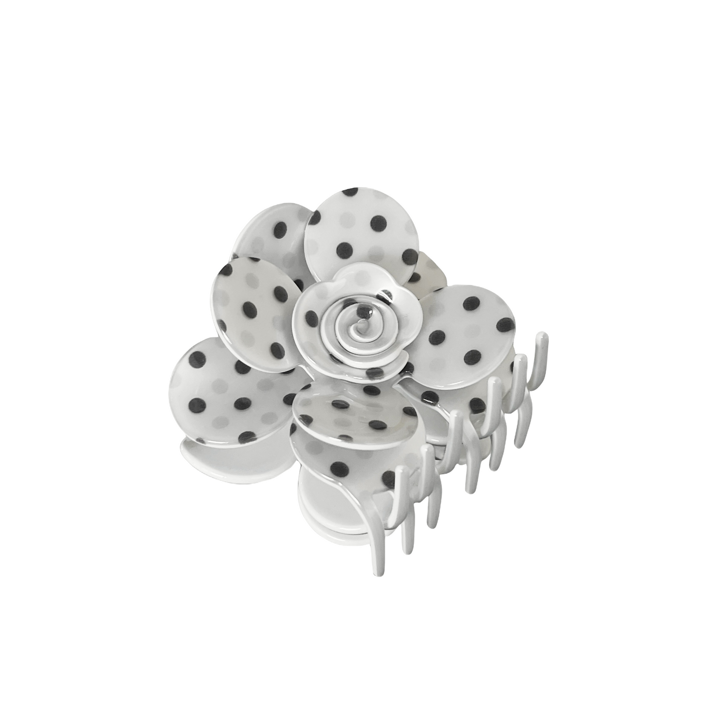 Polka dot flower hair claw clip on a white background
