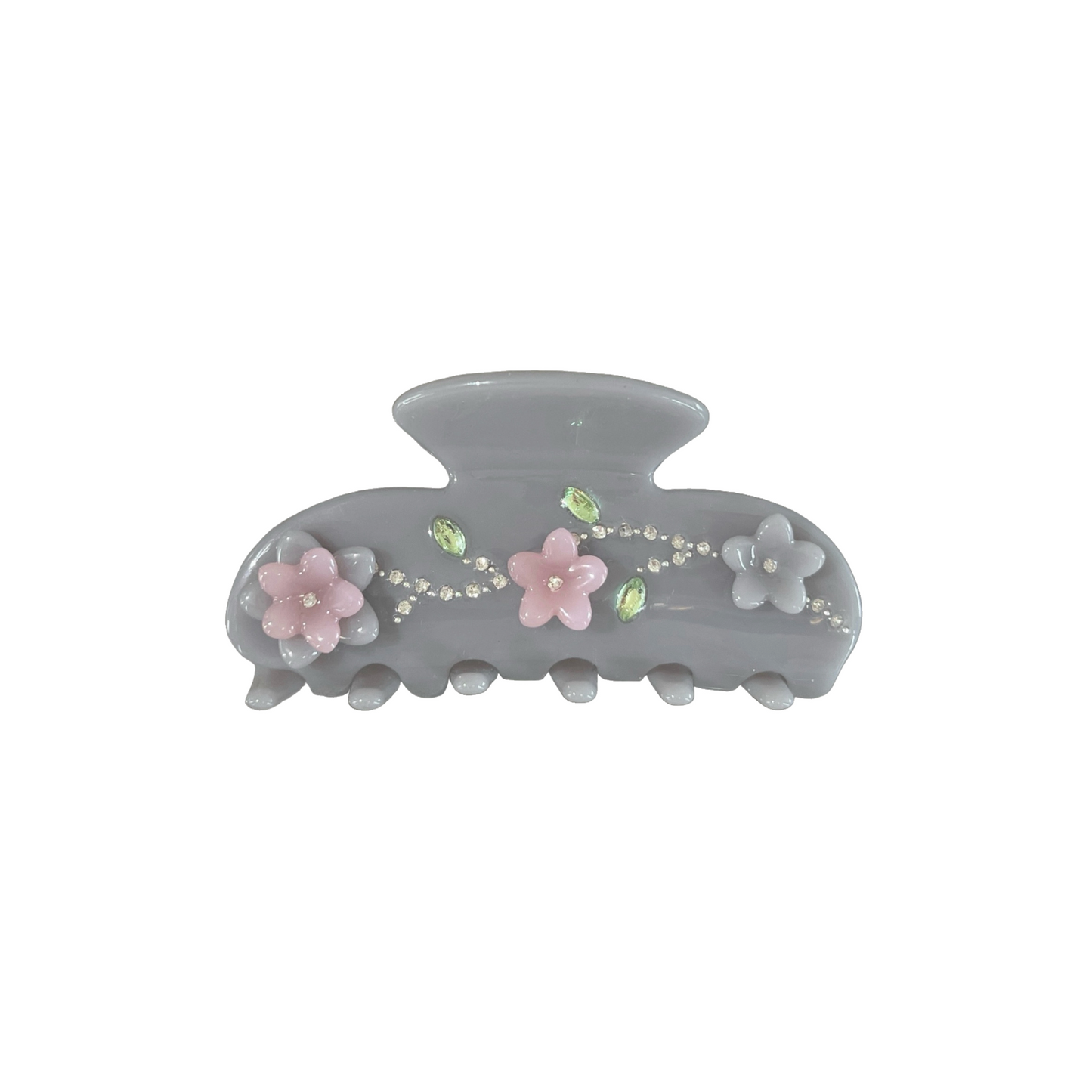 Gray hair claw clip with floral details, gemstones, and crystal embellishments on a white background.
