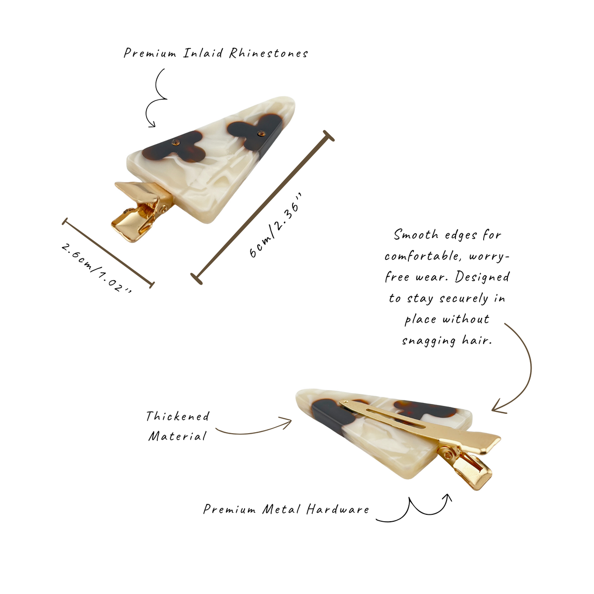 Two views of a triangular hair claw clip with text callouts and measurement arrows on a white background. The clip has a cream/off-white translucent base with dark brown or black inlay details and gold-tone metal hardware.